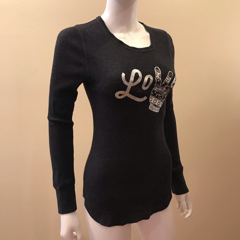 Old Navy Long Sleeve Thermal Top Womens Medium Love Peace Mitten Charcoal Grey